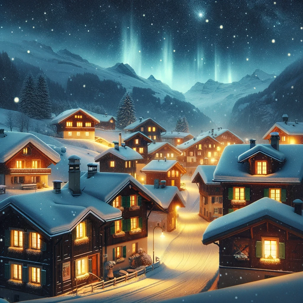 A Swiss alpine village at night: snow-covered chalets with warmly lit windows, mountains and an aurora behind.